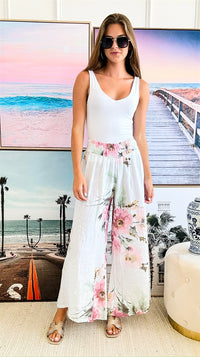 White Painted Floral Italian Linen Palazzos-170 Bottoms-Tempo-Coastal Bloom Boutique, find the trendiest versions of the popular styles and looks Located in Indialantic, FL