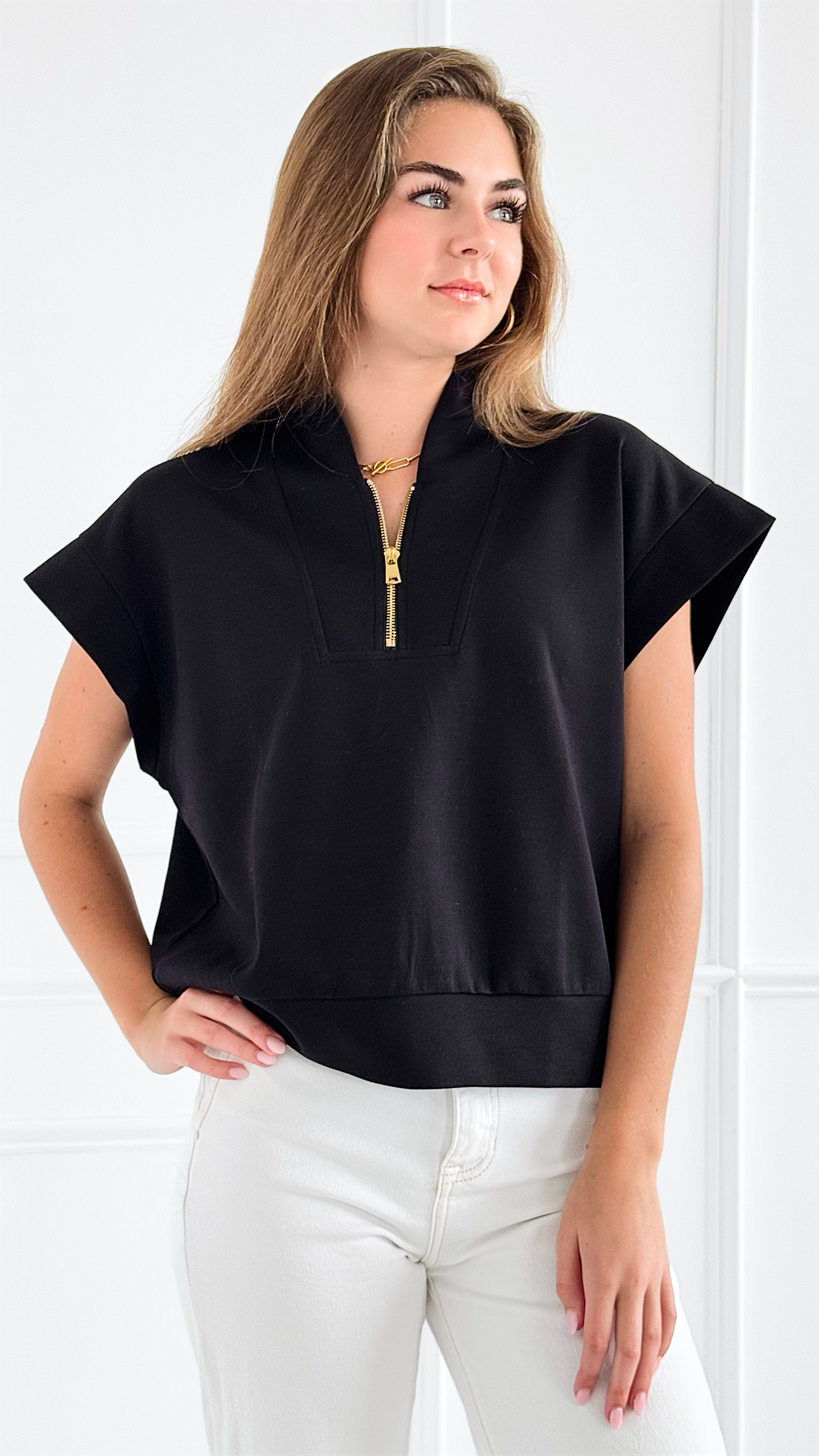 Zip-Up Scuba Short Sleeve Sweatshirt - Black-110 Short Sleeve Tops-BucketList-Coastal Bloom Boutique, find the trendiest versions of the popular styles and looks Located in Indialantic, FL