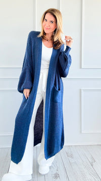 Sugar High Long Italian Cardigan- Denim Blue-150 Cardigans/Layers-Italianissimo-Coastal Bloom Boutique, find the trendiest versions of the popular styles and looks Located in Indialantic, FL