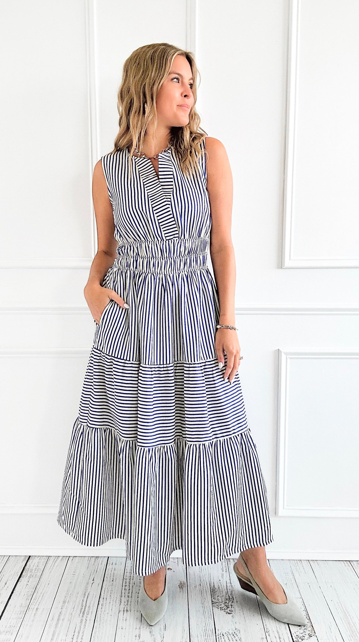 Sailaway Stripe Tiered Midi Dress-200 Dresses/Jumpsuits/Rompers-she+sky-Coastal Bloom Boutique, find the trendiest versions of the popular styles and looks Located in Indialantic, FL