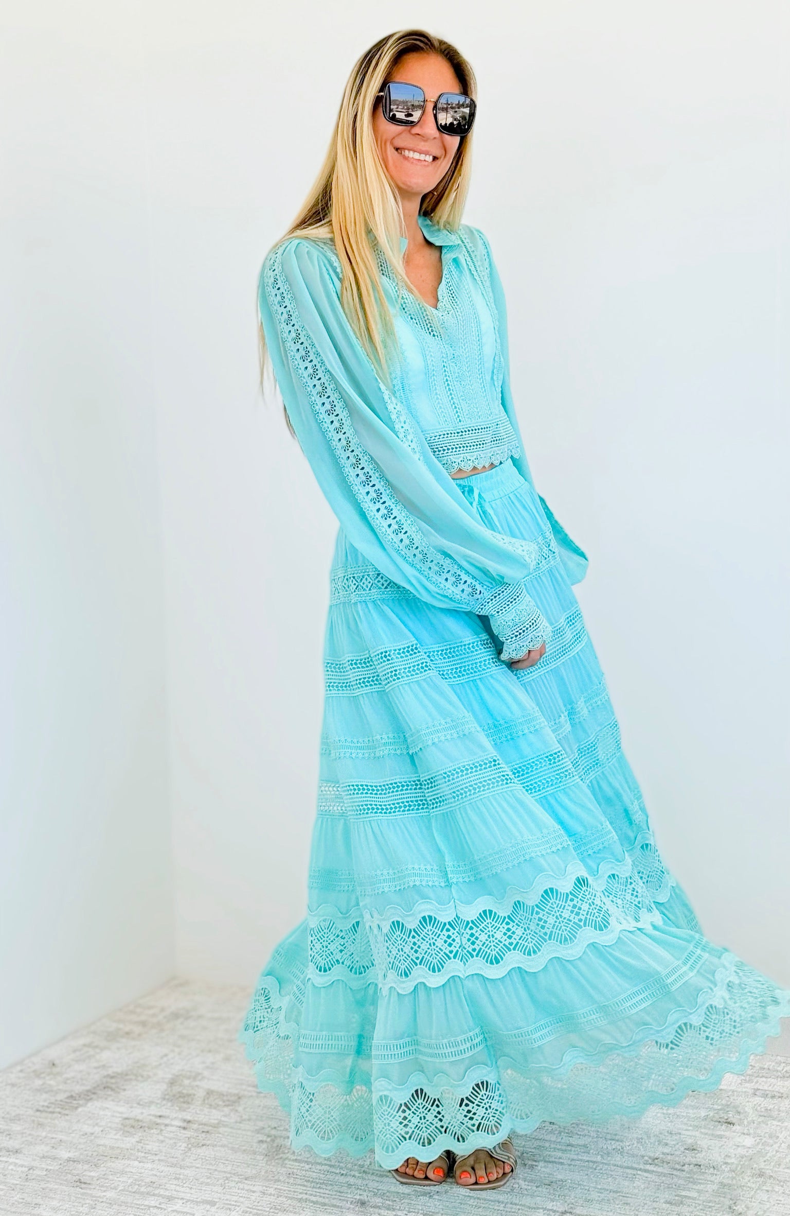 Turquoise Lace Top & Skirt Set-210 Loungewear/Sets-JJ'S FAIRYLAND-Coastal Bloom Boutique, find the trendiest versions of the popular styles and looks Located in Indialantic, FL