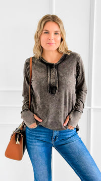Sunday Stroll Mineral Wash Henley Top - Ash Black-110 Long Sleeve Tops-Zenana-Coastal Bloom Boutique, find the trendiest versions of the popular styles and looks Located in Indialantic, FL