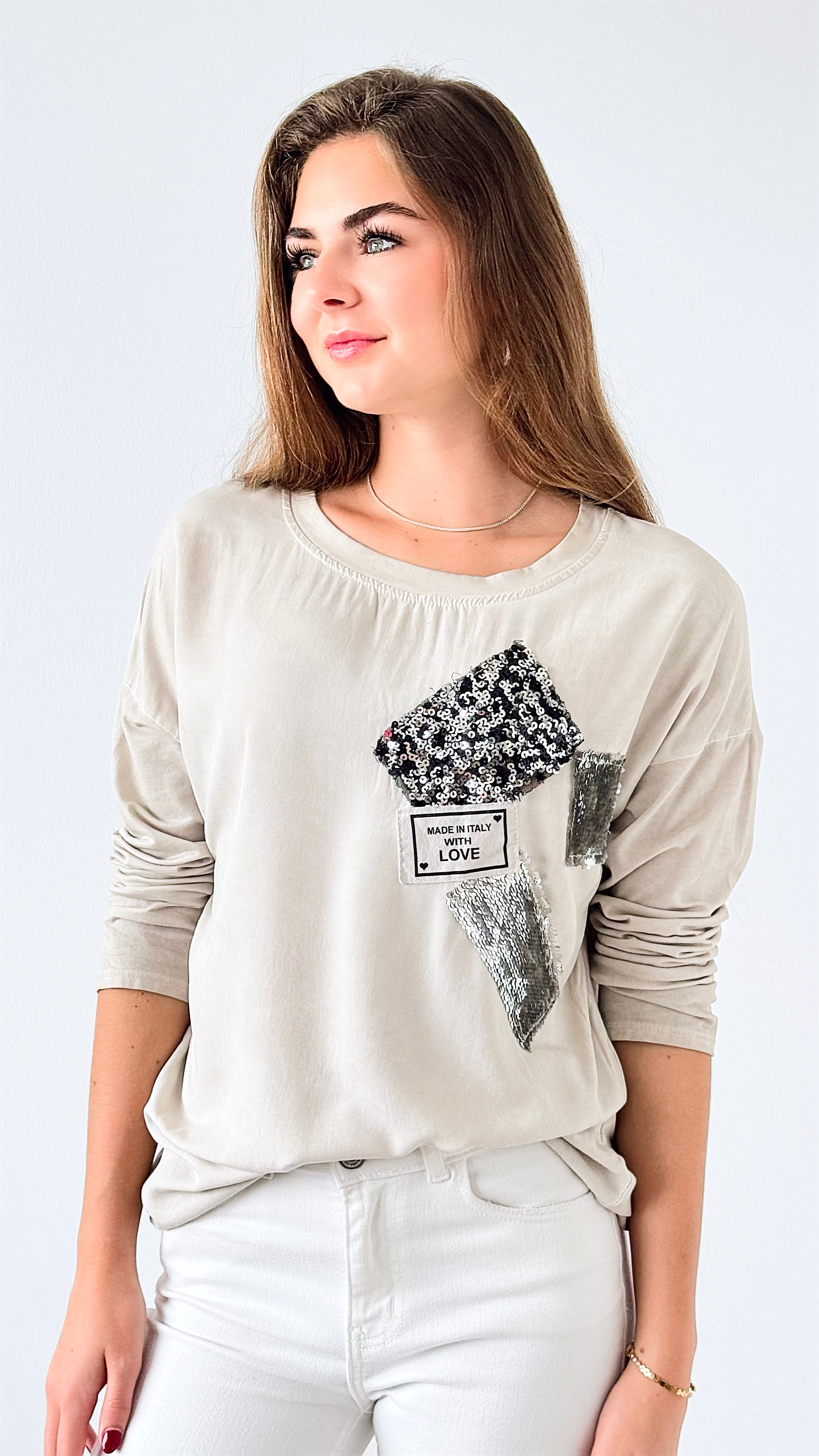 Sparkle Patch Relaxed Top-130 Long Sleeve Tops-Itoo-Coastal Bloom Boutique, find the trendiest versions of the popular styles and looks Located in Indialantic, FL