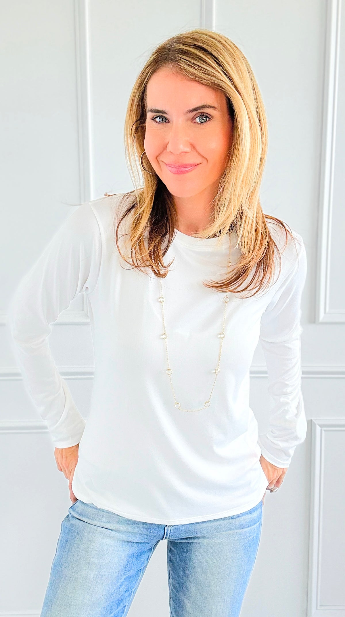 The Charlie Crew Neck Top - White-130 Long Sleeve Tops-EC COLLECTION INC-Coastal Bloom Boutique, find the trendiest versions of the popular styles and looks Located in Indialantic, FL