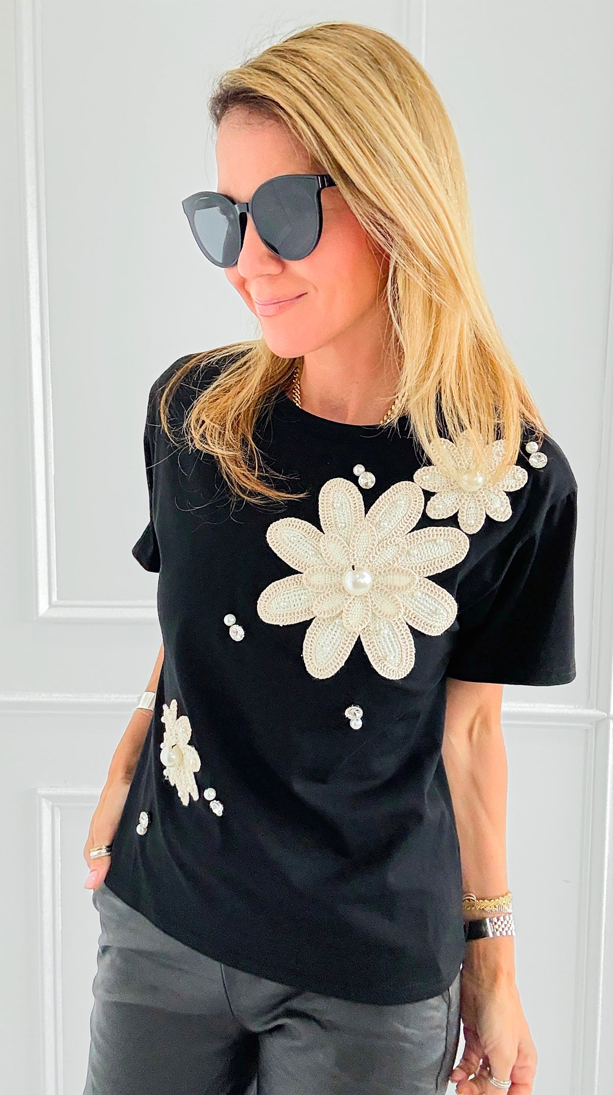 Floral Lace Patch Tee-110 short Sleeve Top-PASTEL DESIGN-Coastal Bloom Boutique, find the trendiest versions of the popular styles and looks Located in Indialantic, FL