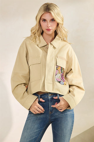 Sequin Flowers Crop Utility Jacket