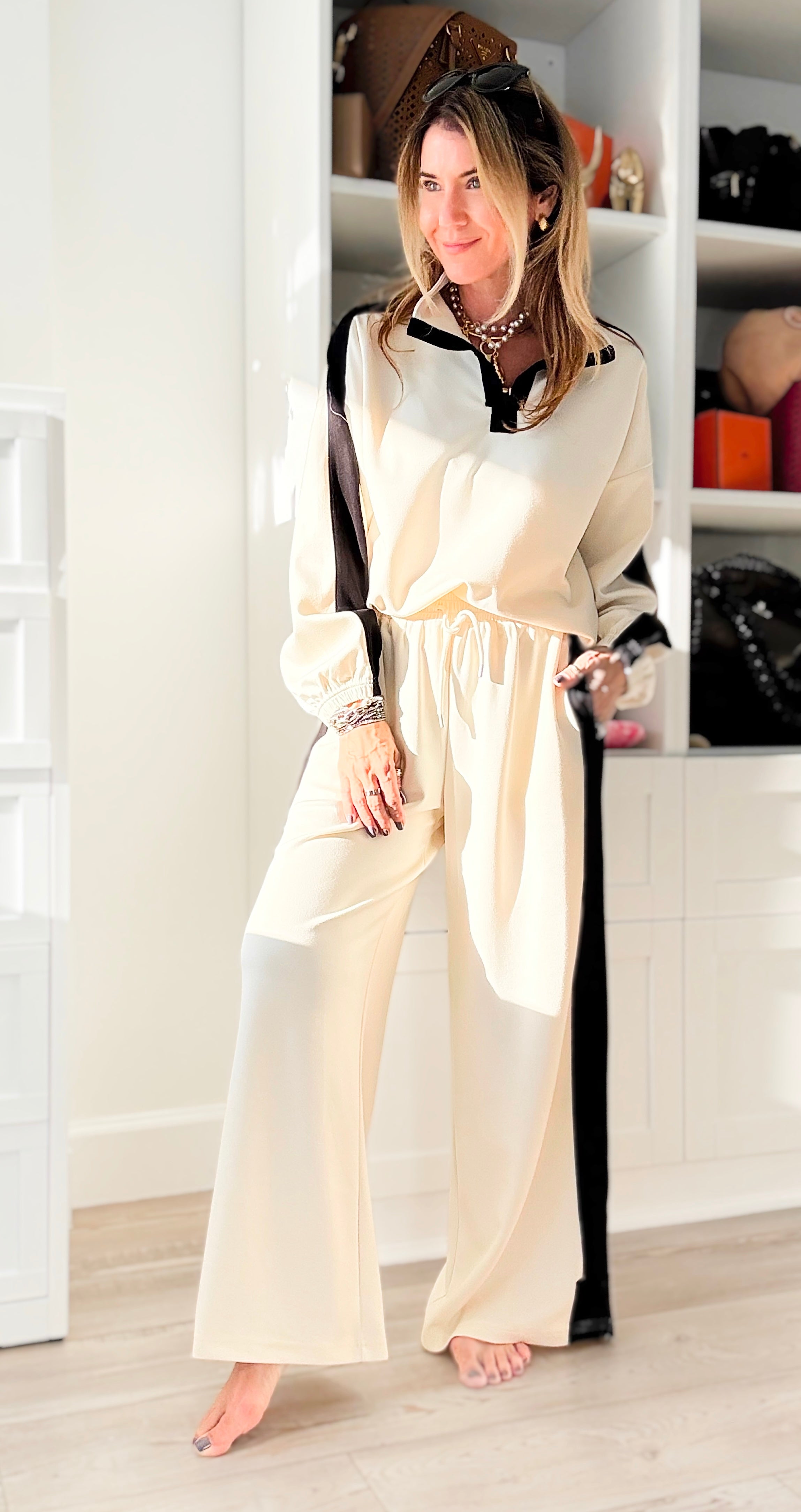 Contrast Lounge Quarter-Zip Top & Pant Set - Cream-210 Loungewear/Sets-JODIFL-Coastal Bloom Boutique, find the trendiest versions of the popular styles and looks Located in Indialantic, FL