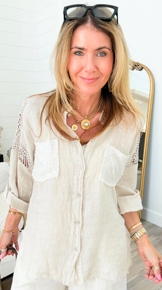 Sequin Pocket & Crochet Sleeve Linen Italian Button Top