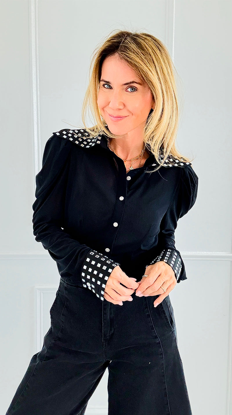 Crystal Collar Power Top-110 Long Sleeve Tops-7Mango7-Coastal Bloom Boutique, find the trendiest versions of the popular styles and looks Located in Indialantic, FL