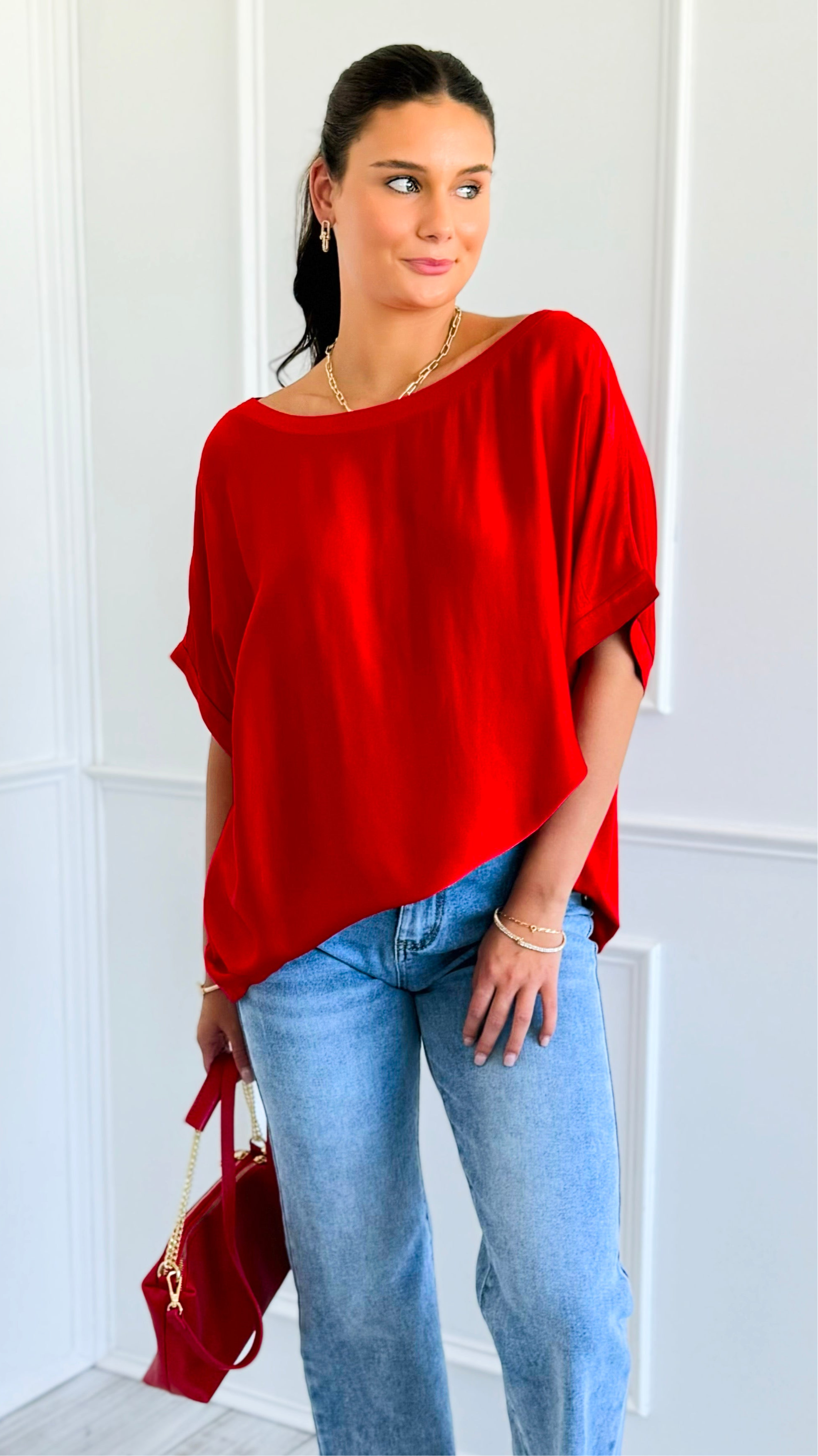 Ease Satin Italian Dolman Top- Red-110 short Sleeve Top-Italianissimo-Coastal Bloom Boutique, find the trendiest versions of the popular styles and looks Located in Indialantic, FL