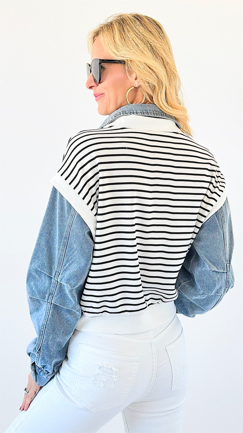 Denim Accent Striped Sweater Top-130 Long Sleeve Tops-Illord-Coastal Bloom Boutique, find the trendiest versions of the popular styles and looks Located in Indialantic, FL