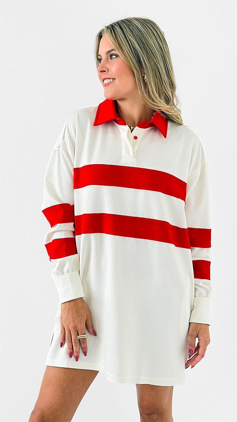 Varsity Striped Polo Dress-200 Dresses/Jumpsuits/Rompers-White Birch-Coastal Bloom Boutique, find the trendiest versions of the popular styles and looks Located in Indialantic, FL