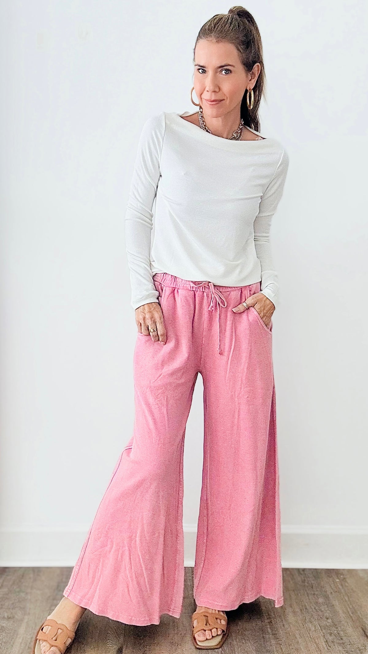 Mineral Washed Terry Wide Pants - Dried Rose-170 Bottoms-EASEL-Coastal Bloom Boutique, find the trendiest versions of the popular styles and looks Located in Indialantic, FL