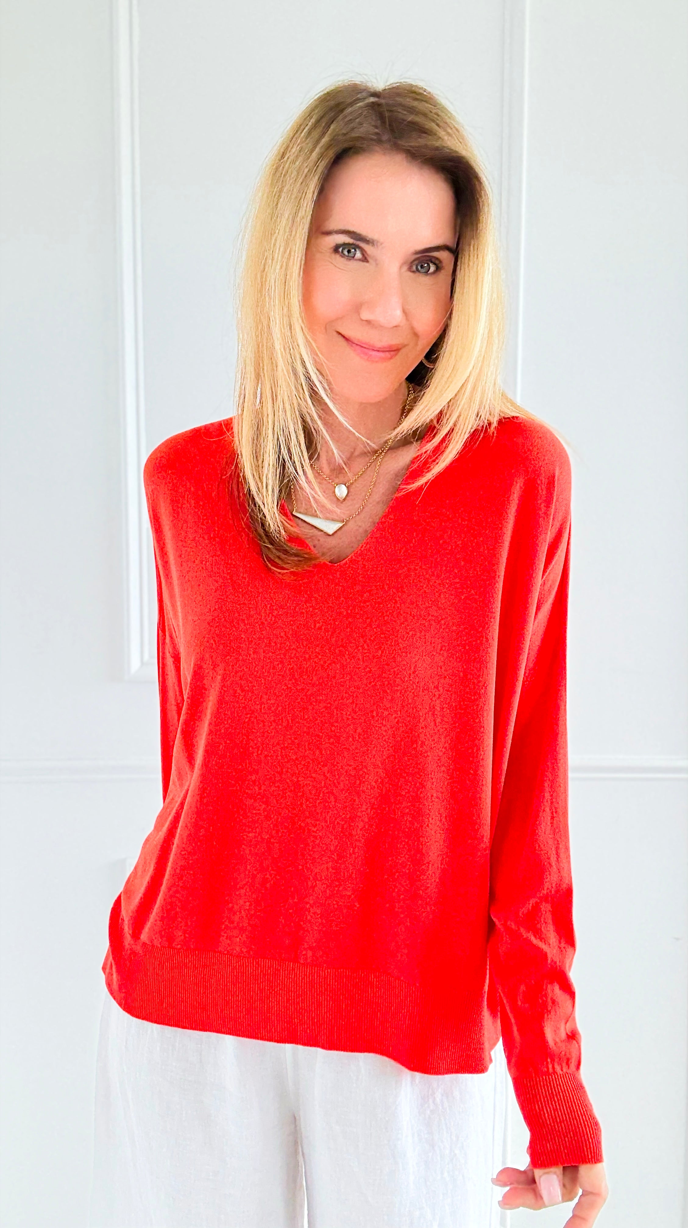 Elegant V-Neck Italian Pullover- Orange-110 Long Sleeve Tops-PROFITER-Coastal Bloom Boutique, find the trendiest versions of the popular styles and looks Located in Indialantic, FL