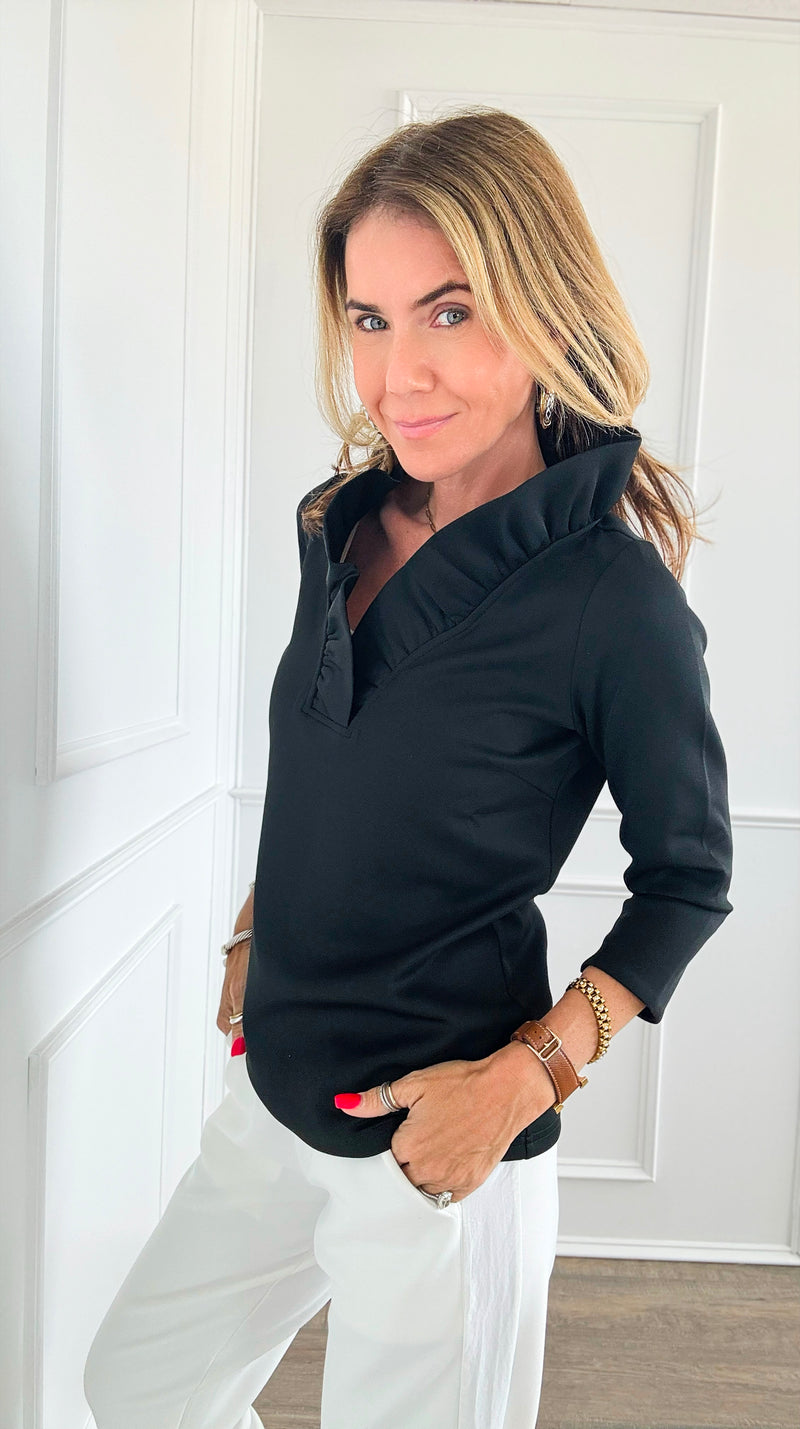 Pre Order 3/4 Sleeves Ruffled Neck Blouse - Black-130 Long Sleeve Tops-Gretchen Scott-Coastal Bloom Boutique, find the trendiest versions of the popular styles and looks Located in Indialantic, FL