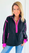 Glow Getter Sherpa Zip Sweatshirt - Black/Neon Pink-130 Long Sleeve Tops-BIBI-Coastal Bloom Boutique, find the trendiest versions of the popular styles and looks Located in Indialantic, FL