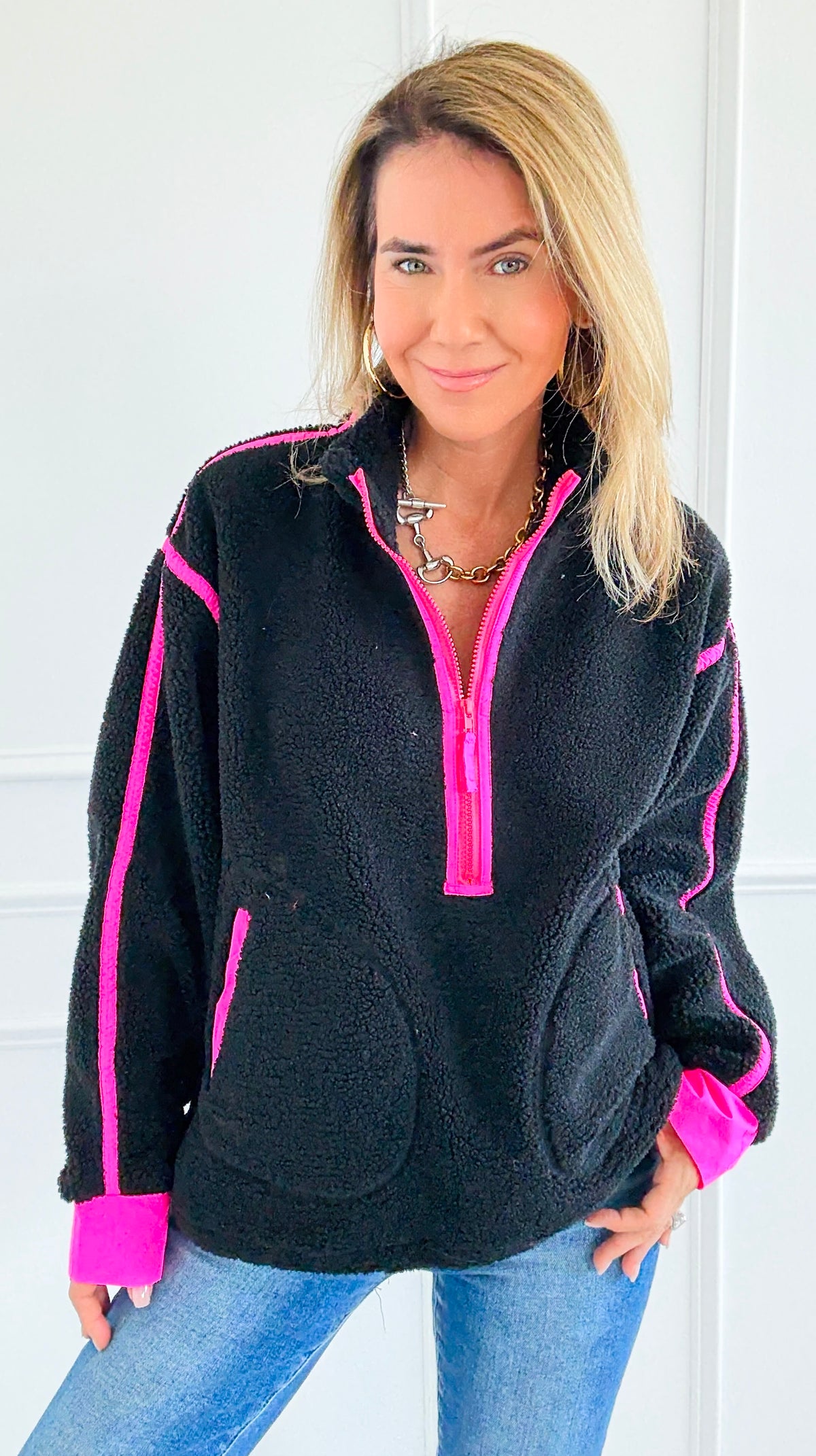 Glow Getter Sherpa Zip Sweatshirt - Black/Neon Pink-130 Long Sleeve Tops-BIBI-Coastal Bloom Boutique, find the trendiest versions of the popular styles and looks Located in Indialantic, FL