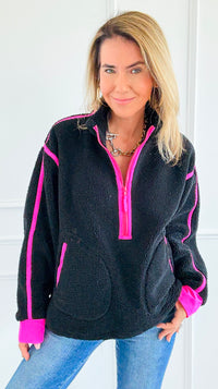 Glow Getter Sherpa Zip Sweatshirt - Black/Neon Pink-130 Long Sleeve Tops-BIBI-Coastal Bloom Boutique, find the trendiest versions of the popular styles and looks Located in Indialantic, FL