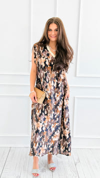 Bloom Camo Shimmer V-neck Italian Long Dress-200 Dresses/Jumpsuits/Rompers-1988-Coastal Bloom Boutique, find the trendiest versions of the popular styles and looks Located in Indialantic, FL