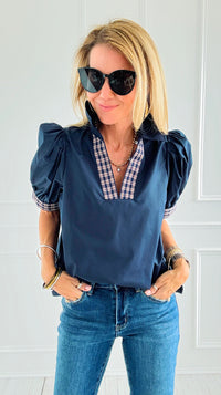 Checked Charm Puff Sleeve Top-110 Short Sleeve Tops-entro-Coastal Bloom Boutique, find the trendiest versions of the popular styles and looks Located in Indialantic, FL