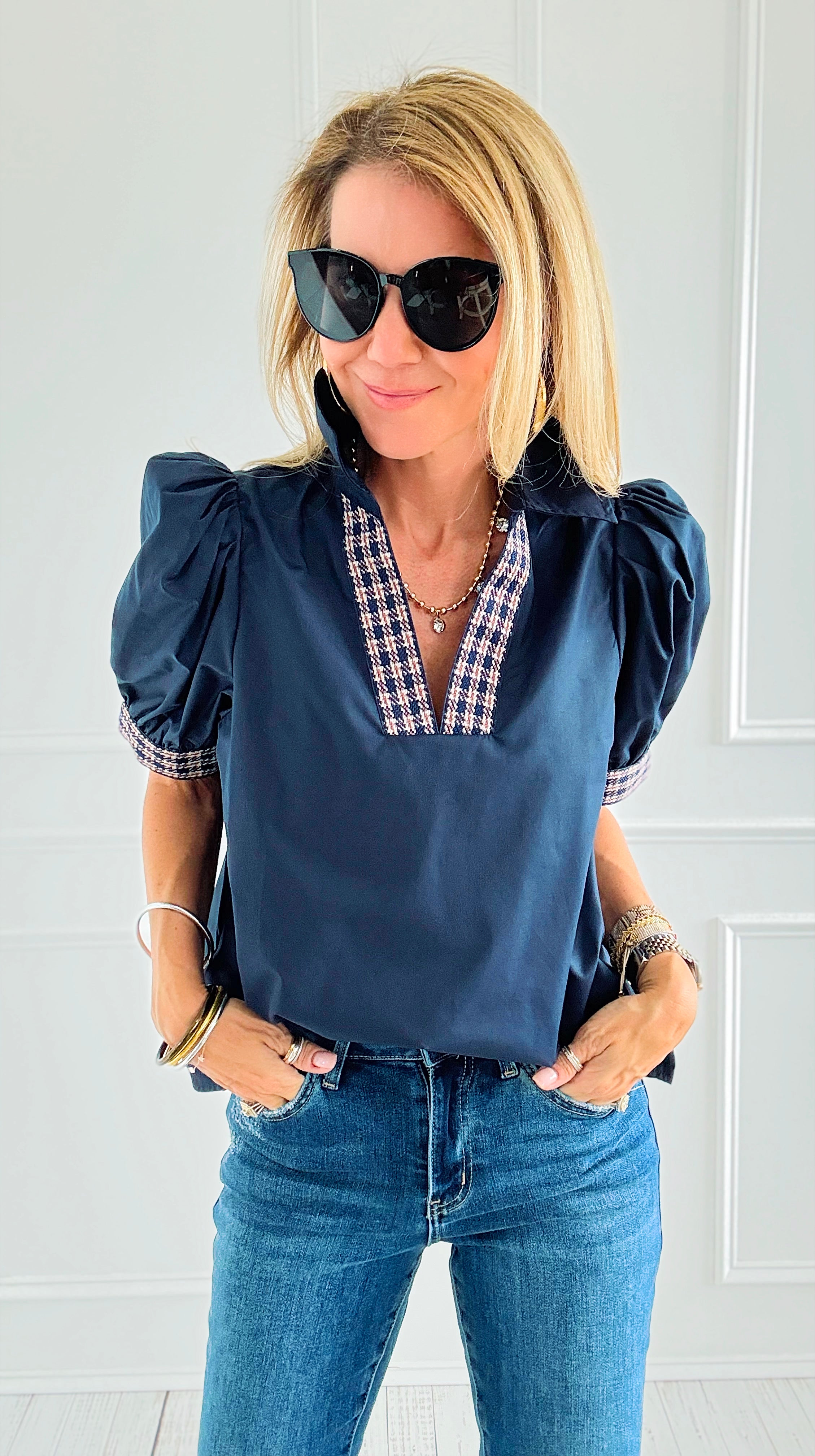 Checked Charm Puff Sleeve Top-110 Short Sleeve Tops-entro-Coastal Bloom Boutique, find the trendiest versions of the popular styles and looks Located in Indialantic, FL