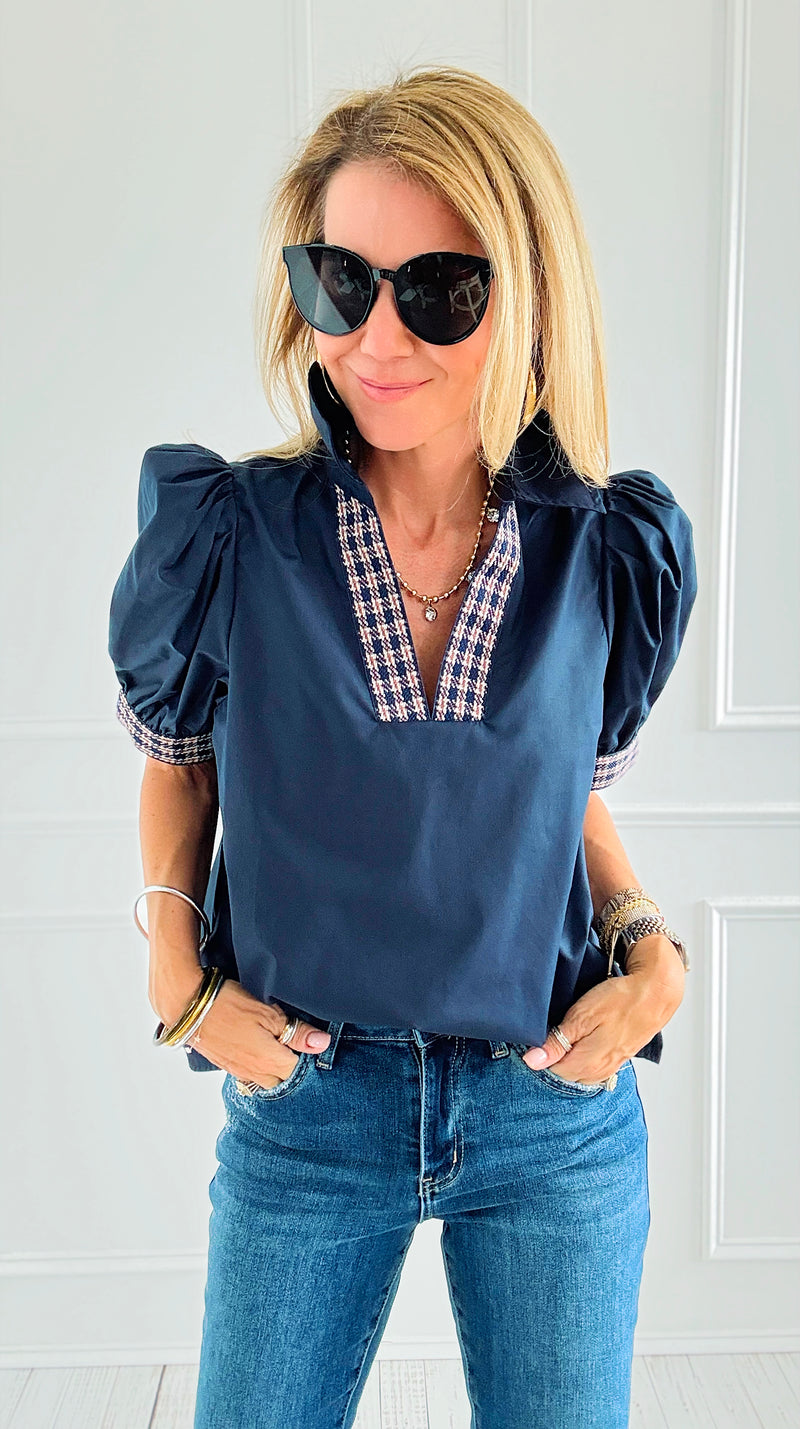 Checked Charm Puff Sleeve Top-110 Short Sleeve Tops-entro-Coastal Bloom Boutique, find the trendiest versions of the popular styles and looks Located in Indialantic, FL
