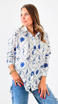 Mermaid & Shell Printed Blouse-150 Cardigans/Layers-Bailey Rose-Coastal Bloom Boutique, find the trendiest versions of the popular styles and looks Located in Indialantic, FL