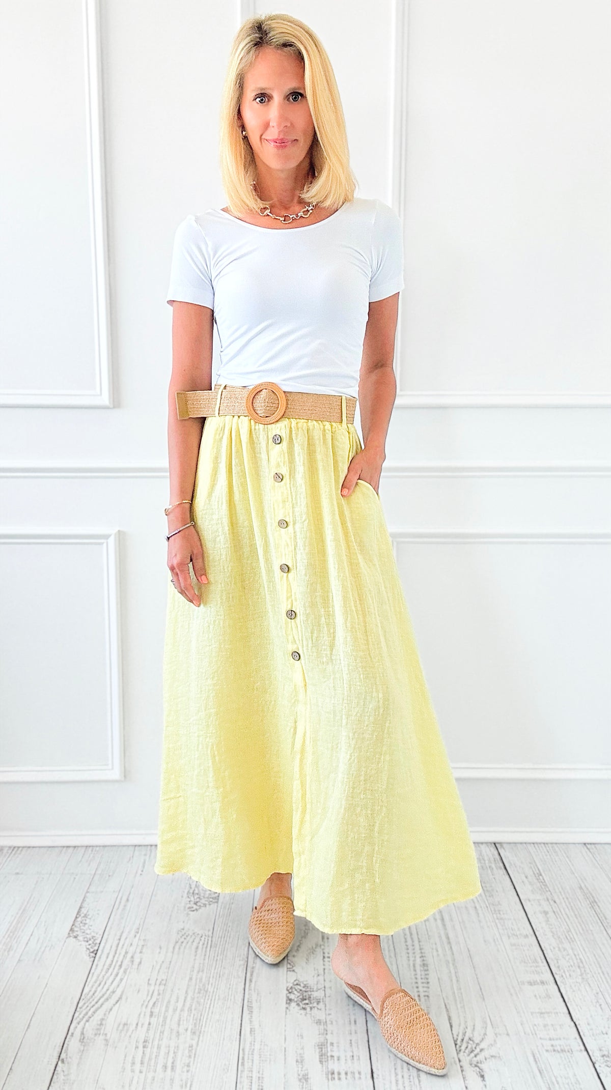 Belted Italian Linen Midi Button Skirt - Yellow-170 bottoms-Italianissimo-Coastal Bloom Boutique, find the trendiest versions of the popular styles and looks Located in Indialantic, FL