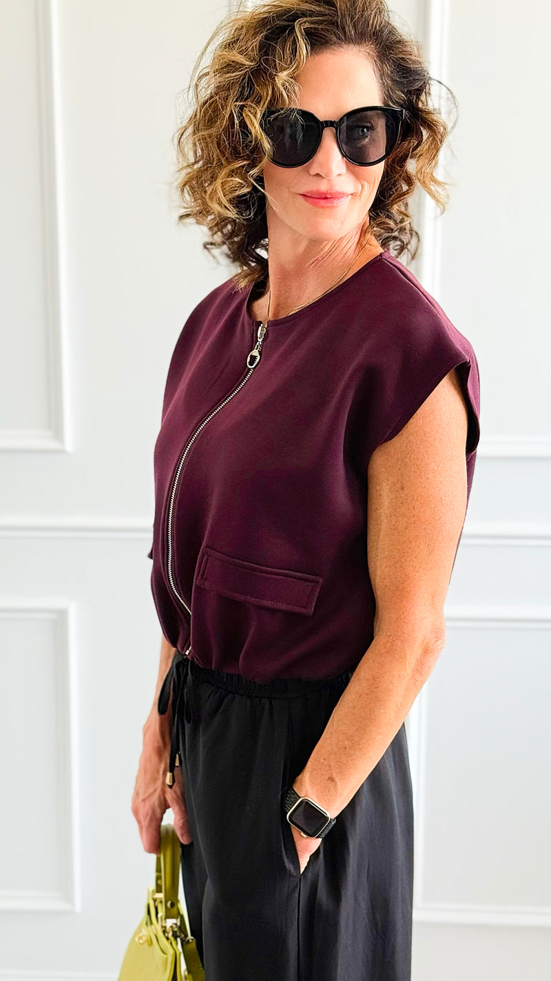 Chic Italian Zip Vest- Burgundy-100 Sleeveless Tops-MAY MODA-Coastal Bloom Boutique, find the trendiest versions of the popular styles and looks Located in Indialantic, FL