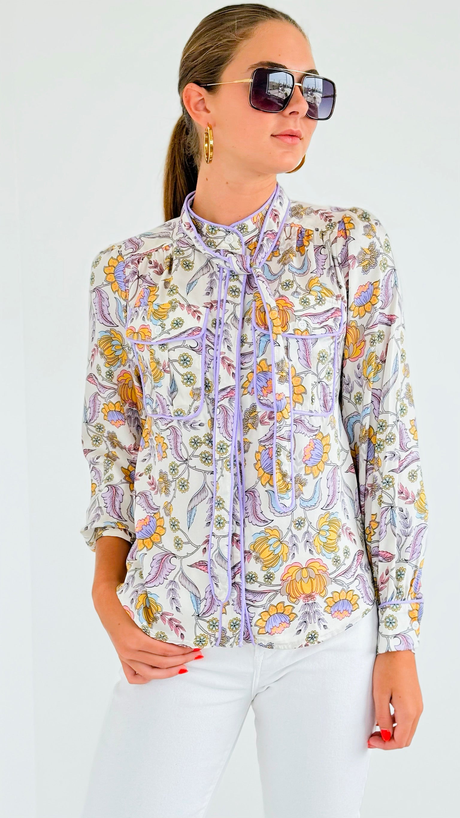 Floral Print Bow Detailed Blouse-130 Long Sleeve Tops-Fate By LFD-Coastal Bloom Boutique, find the trendiest versions of the popular styles and looks Located in Indialantic, FL