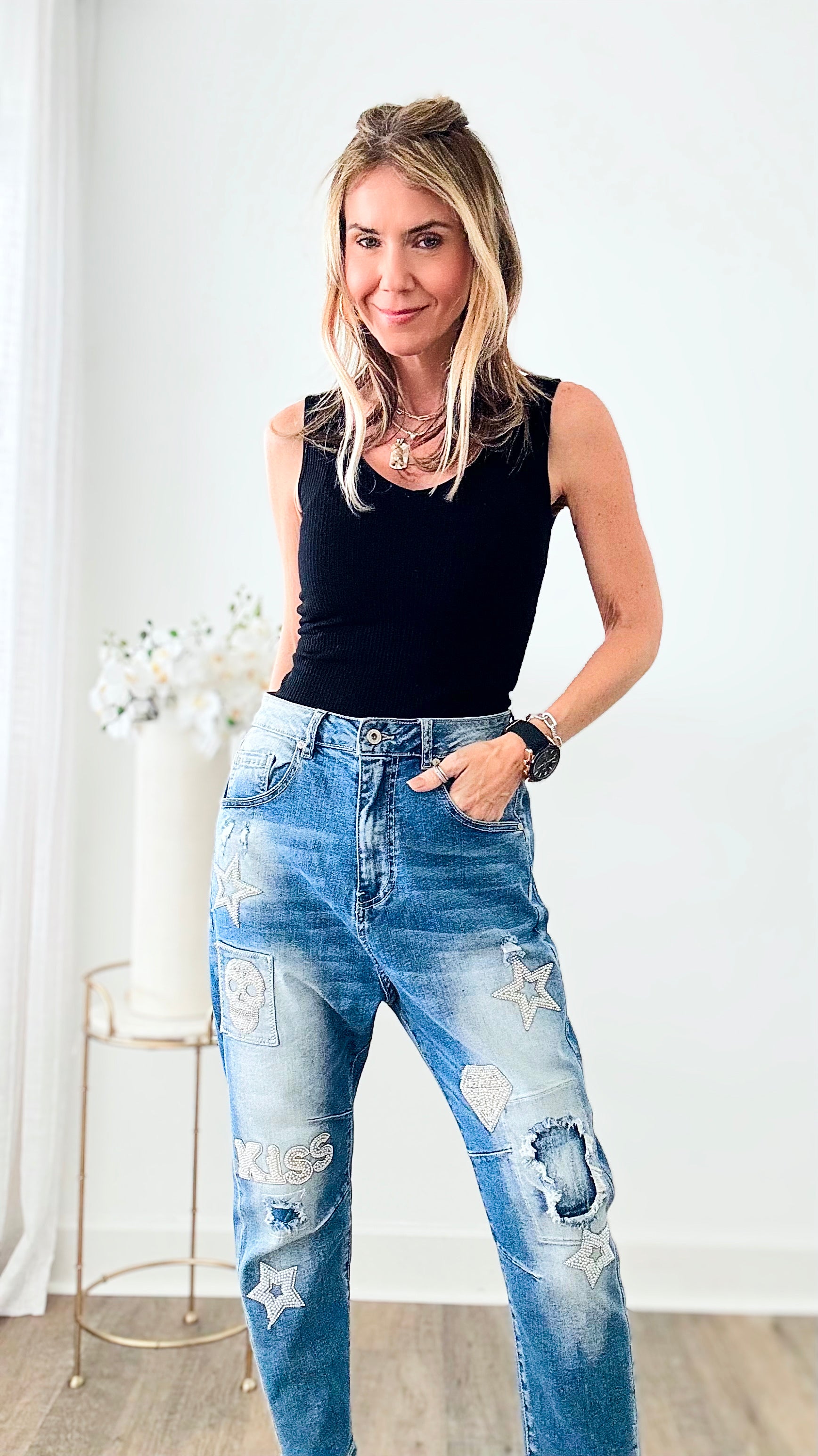 Pearl Adorned Italian Denim-190 Denim-Germany-Coastal Bloom Boutique, find the trendiest versions of the popular styles and looks Located in Indialantic, FL