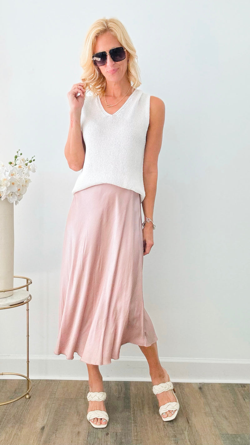 Brooklyn Italian Satin Midi Skirt - Blush-170 Bottoms-Italianissimo-Coastal Bloom Boutique, find the trendiest versions of the popular styles and looks Located in Indialantic, FL
