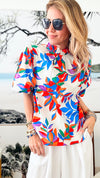 Flower Printed Ruffled High Neck Blouse-110 Short Sleeve Tops-Flying Tomato-Coastal Bloom Boutique, find the trendiest versions of the popular styles and looks Located in Indialantic, FL
