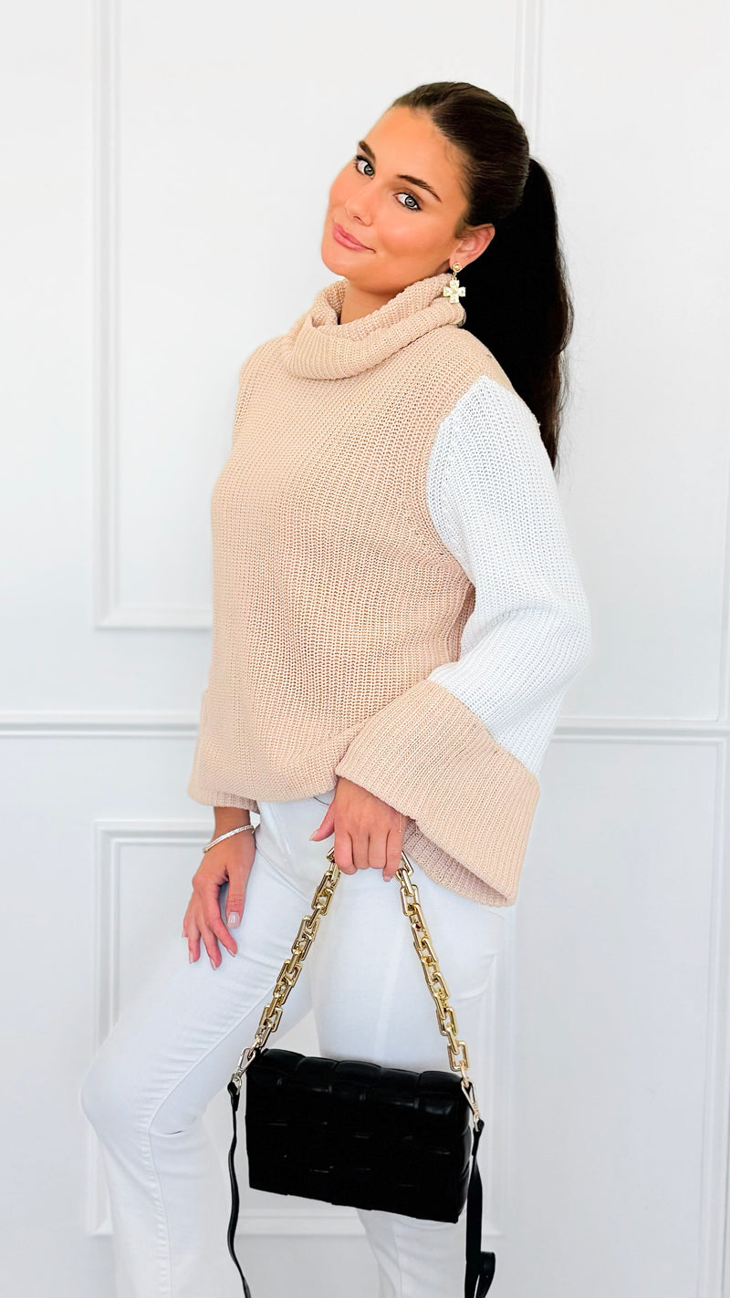 Two-Tone Turtleneck Flare Sleeve Sweater-140 Sweaters-ROUSSEAU-Coastal Bloom Boutique, find the trendiest versions of the popular styles and looks Located in Indialantic, FL