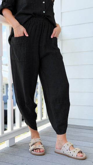 La Spezia Barrel Linen Italian Pant- Black