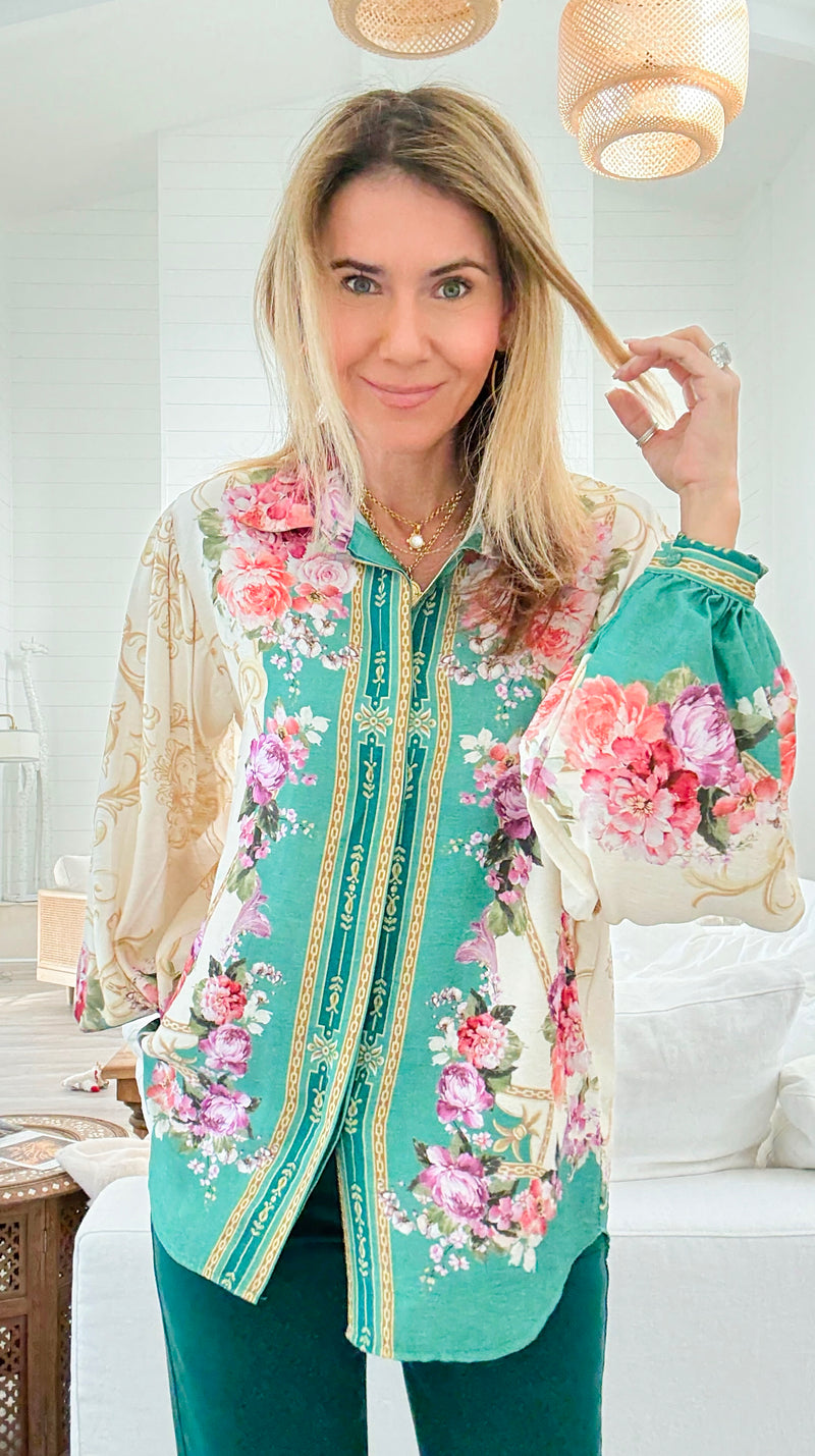 Floral Symphony Italian Button Top-110 Long Sleeve Tops-K2-Coastal Bloom Boutique, find the trendiest versions of the popular styles and looks Located in Indialantic, FL