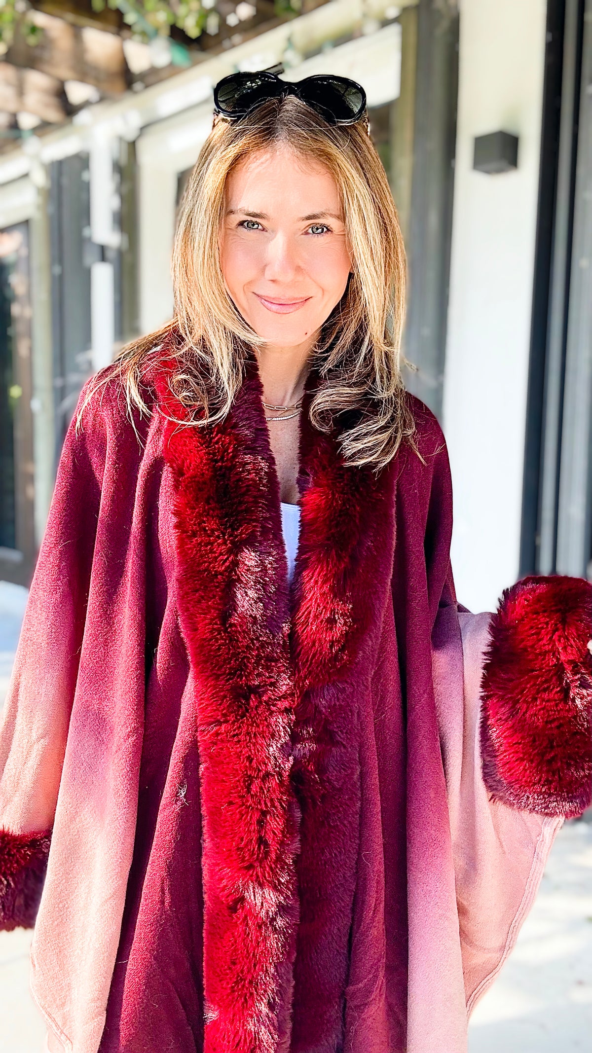 Glass of Wine Faux Fur Trim Ombre Cape-150 Cardigans/Layers-On Blue-Coastal Bloom Boutique, find the trendiest versions of the popular styles and looks Located in Indialantic, FL