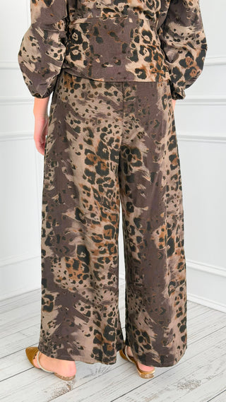 Spiced Leopard Wide Leg Italian Pant- Brown