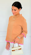 Waves & Whimsy Scallop Sweater - Camel/Pink-140 Sweaters-Fate Inc-Coastal Bloom Boutique, find the trendiest versions of the popular styles and looks Located in Indialantic, FL