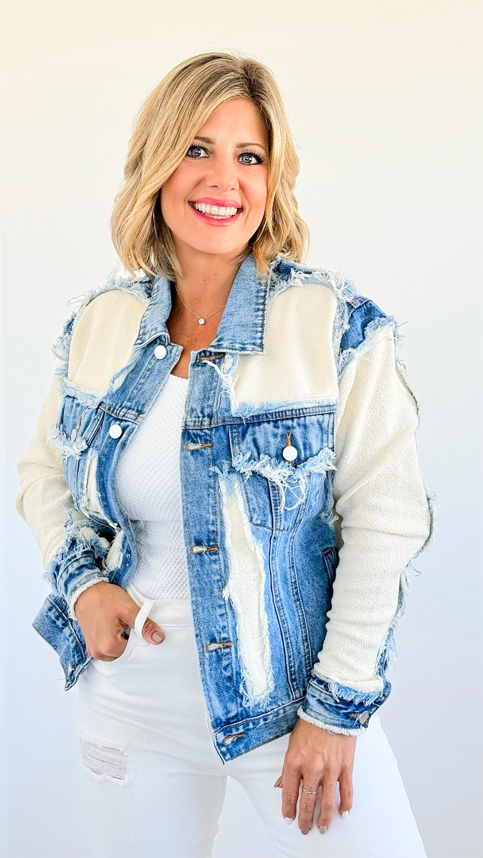 Vintage Frayed Denim Jacket-160 Jackets-litaga-Coastal Bloom Boutique, find the trendiest versions of the popular styles and looks Located in Indialantic, FL