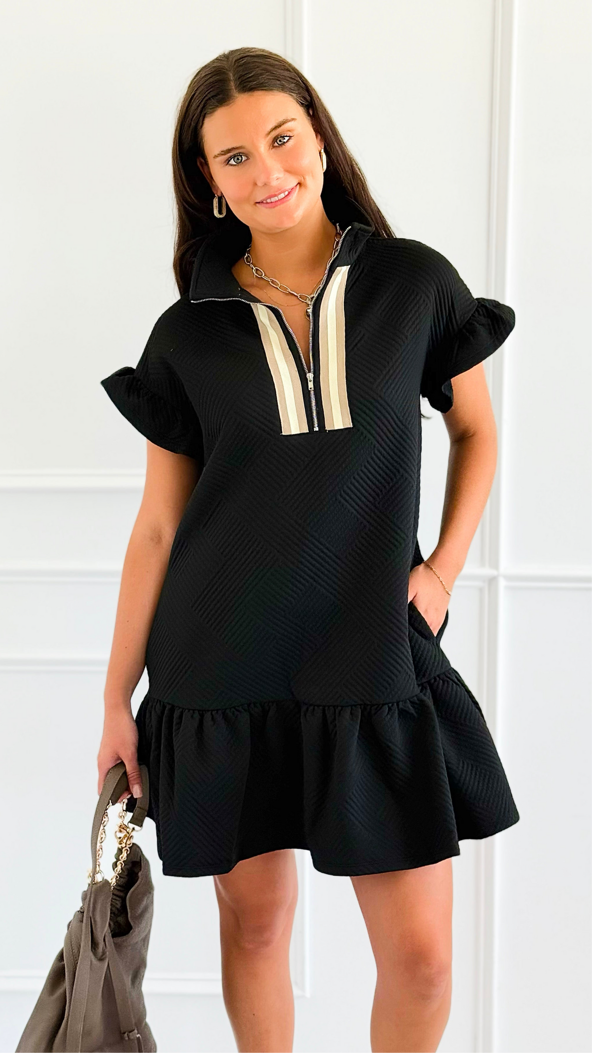Jet Set Go Quilted Zip Mini Dress - Black-200 Dresses/Jumpsuits/Rompers-she + sky-Coastal Bloom Boutique, find the trendiest versions of the popular styles and looks Located in Indialantic, FL