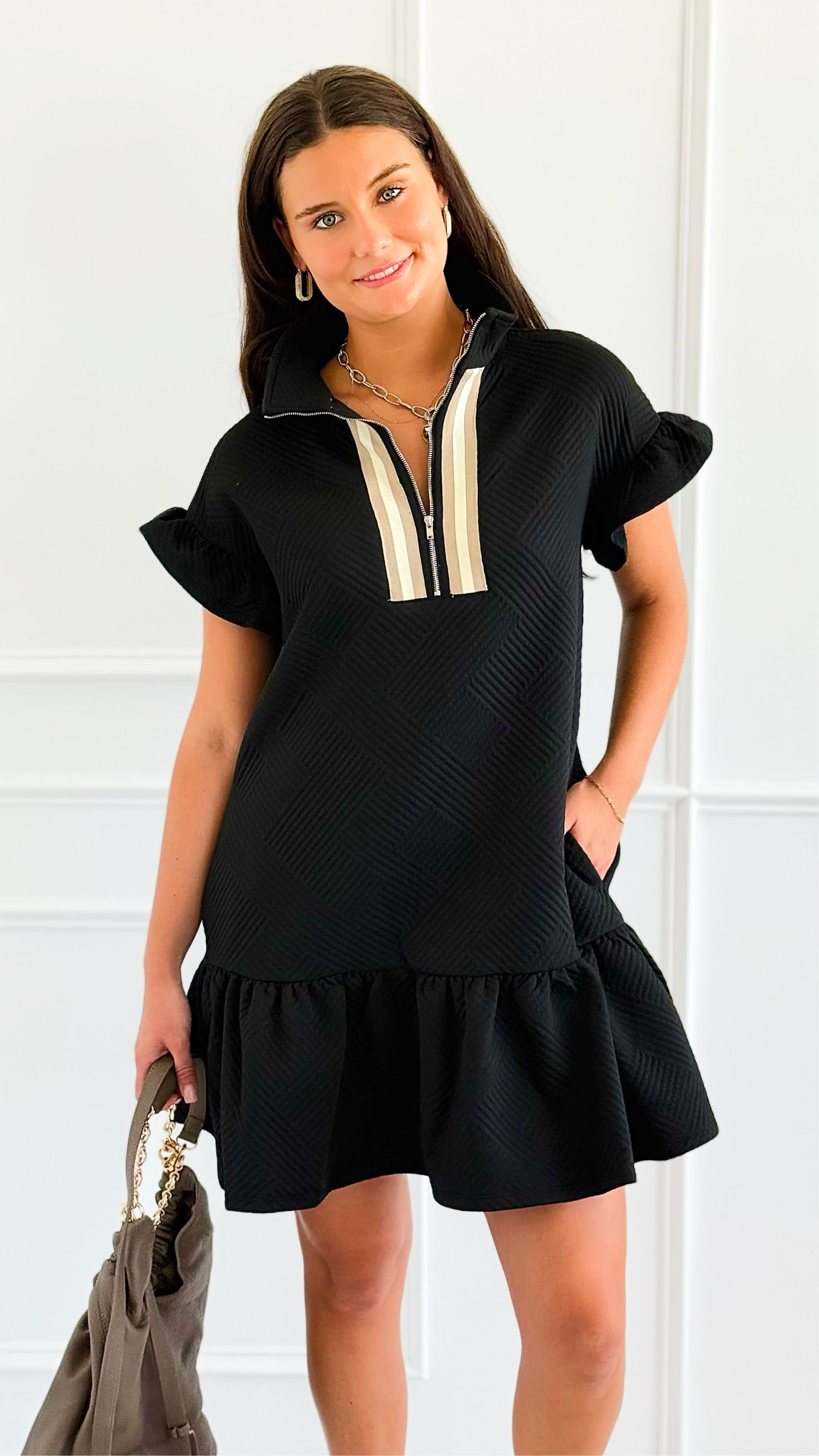 Jet Set Go Quilted Zip Mini Dress - Black-200 Dresses/Jumpsuits/Rompers-she + sky-Coastal Bloom Boutique, find the trendiest versions of the popular styles and looks Located in Indialantic, FL