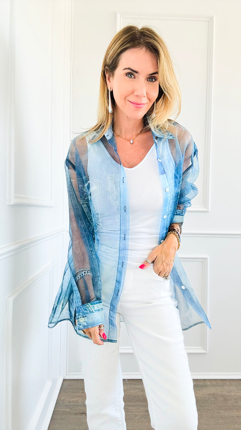 Denim Print Buttoned Down Sheer Blouse-130 Long Sleeve Tops-LA' ROS-Coastal Bloom Boutique, find the trendiest versions of the popular styles and looks Located in Indialantic, FL