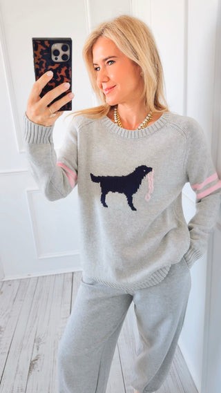 Dog Motif Crew Neck Sweater - Silver