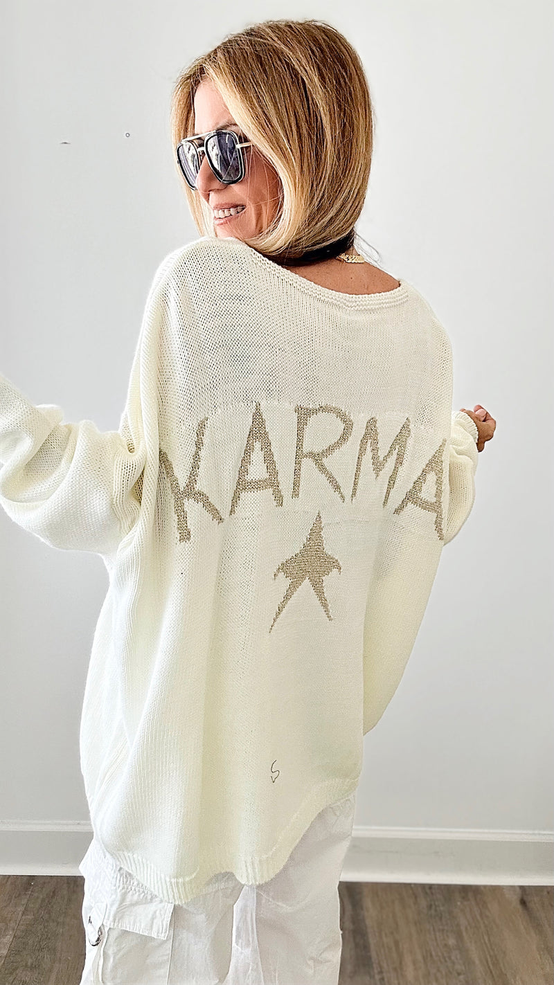 Karma Logo Oversized Knit Sweater-140 Sweaters-VENTI6 OUTLET-Coastal Bloom Boutique, find the trendiest versions of the popular styles and looks Located in Indialantic, FL