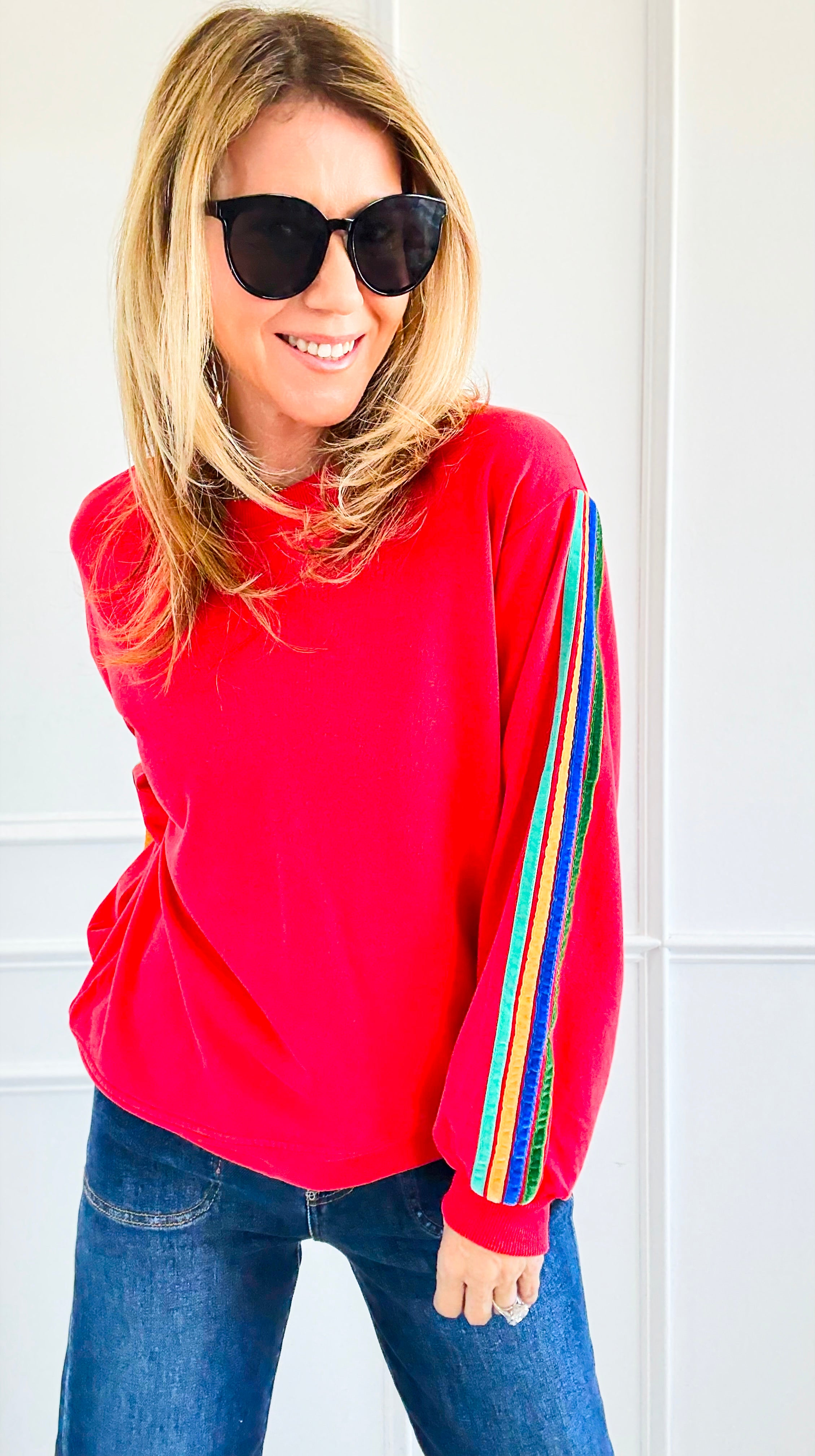 Rainbow Sleeve Statement Sweatshirt-110 Long Sleeve Tops-JODIFL-Coastal Bloom Boutique, find the trendiest versions of the popular styles and looks Located in Indialantic, FL