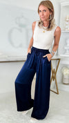 Angora Italian Satin Pant - Navy-170 Bottoms-Germany-Coastal Bloom Boutique, find the trendiest versions of the popular styles and looks Located in Indialantic, FL