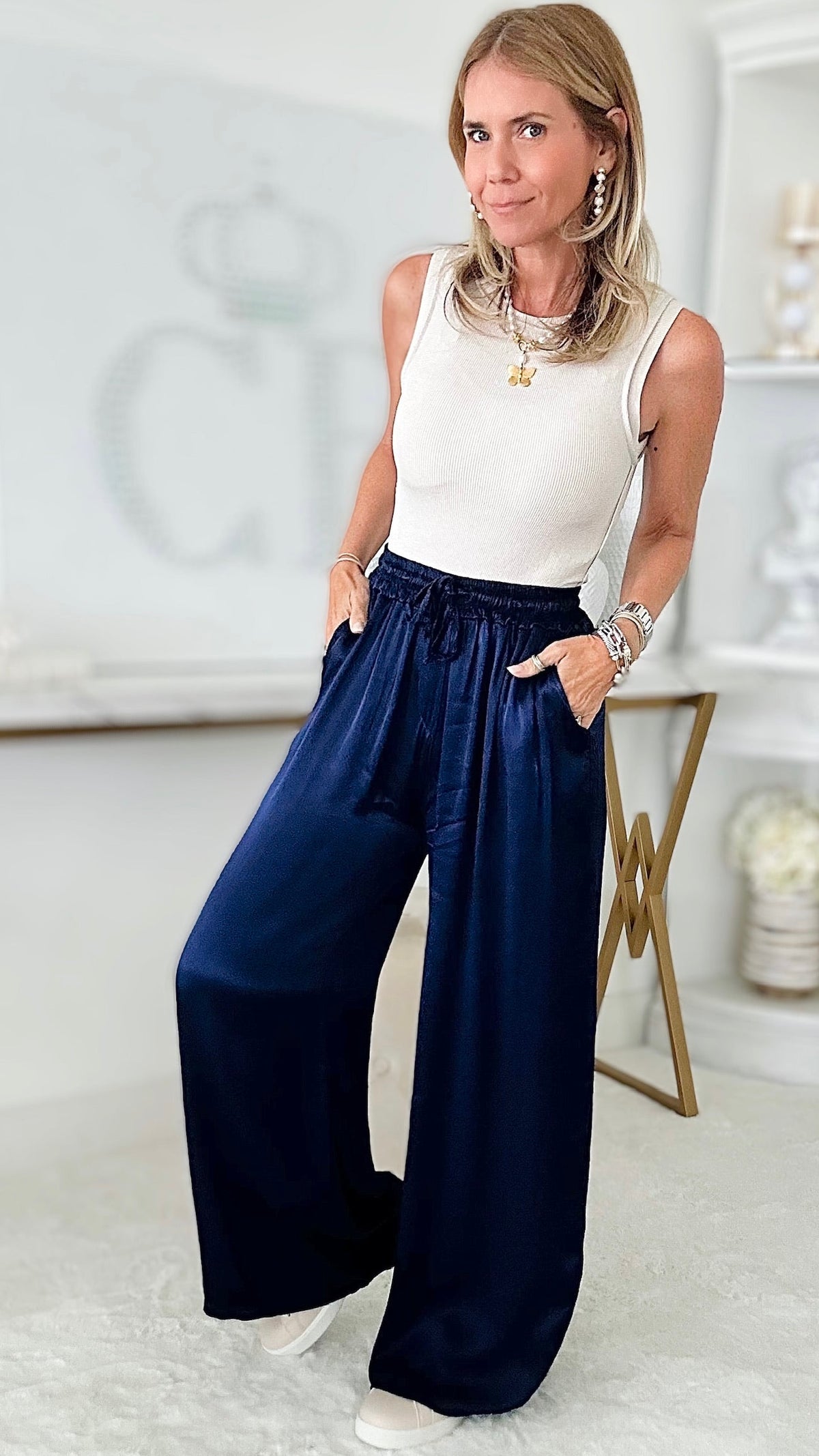 Angora Italian Satin Pant - Navy-170 Bottoms-Germany-Coastal Bloom Boutique, find the trendiest versions of the popular styles and looks Located in Indialantic, FL