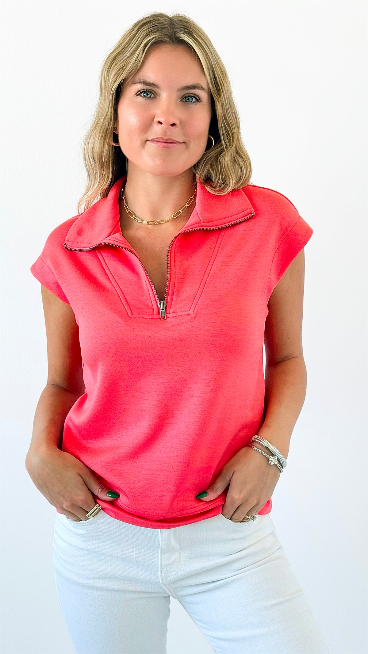 Half-Zip Sleeveless Popover Top - Coral-100 Sleeveless Tops-HYFVE-Coastal Bloom Boutique, find the trendiest versions of the popular styles and looks Located in Indialantic, FL