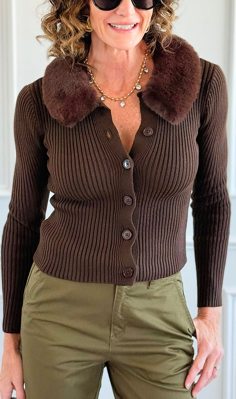 Faux Fur Collar Ribbed Cardigan -Brown-140 Sweaters-Blu Pepper-Coastal Bloom Boutique, find the trendiest versions of the popular styles and looks Located in Indialantic, FL